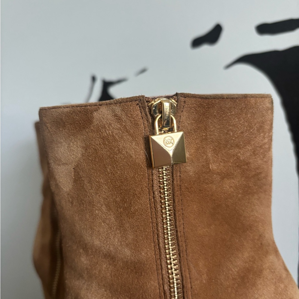Michael Kors Cognac Suede Block Heel Ankle Boots with Gold Zip - Picture 3 of 5